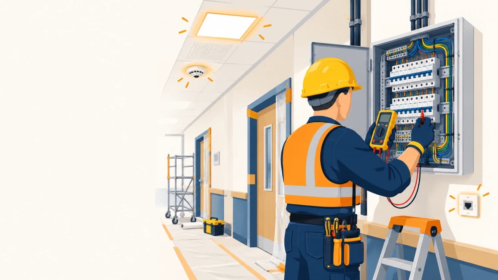 Un électricien casqué, vu de dos, teste un tableau électrique ouvert avec un multimètre dans le couloir d'une école en rénovation, sous un plafonnier LED et un détecteur incendie.