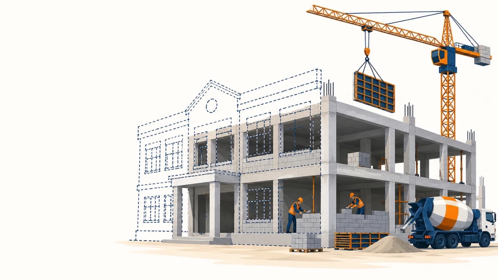 Un bâtiment public en construction : ossature en béton sur deux niveaux, grue à tour qui lève une banche, toupie à béton et deux maçons qui montent un mur en blocs, avec la façade de l'école future dessinée en pointillés.