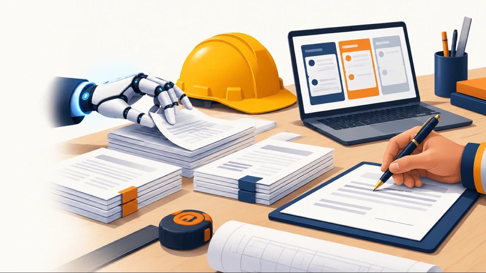 Un bureau de chantier où une main robotisée trie des piles de dossiers d'appels d'offres pendant qu'une main humaine s'apprête à signer un document, avec un casque jaune et un ordinateur portable entre les deux.
