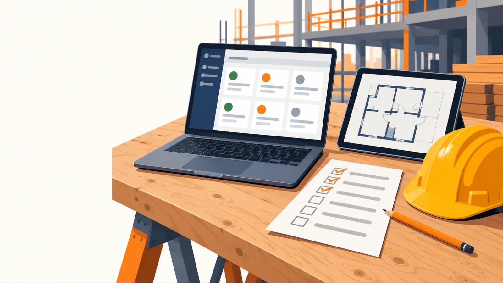 Un ordinateur portable sur une table de chantier affichant un tableau de bord de cartes aux pastilles vertes, orange et grises, une tablette avec un plan, une checklist de sept lignes dont trois cochées, un crayon et un casque jaune.