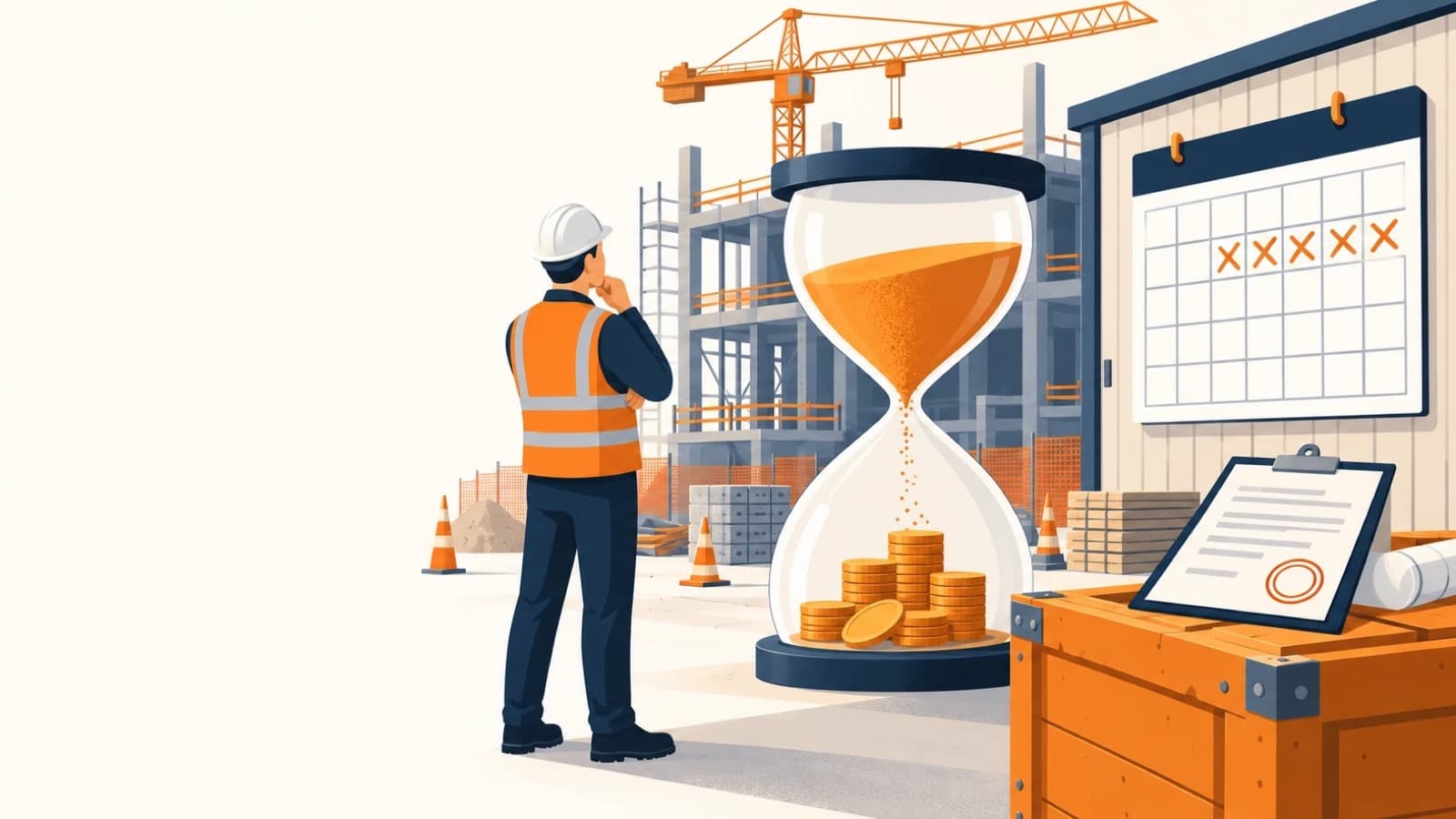 Un chef de chantier casqué, de dos, regarde un grand sablier dont le sable orange tombe sur une pile de pièces, devant un bâtiment en construction et un calendrier aux jours barrés en orange.