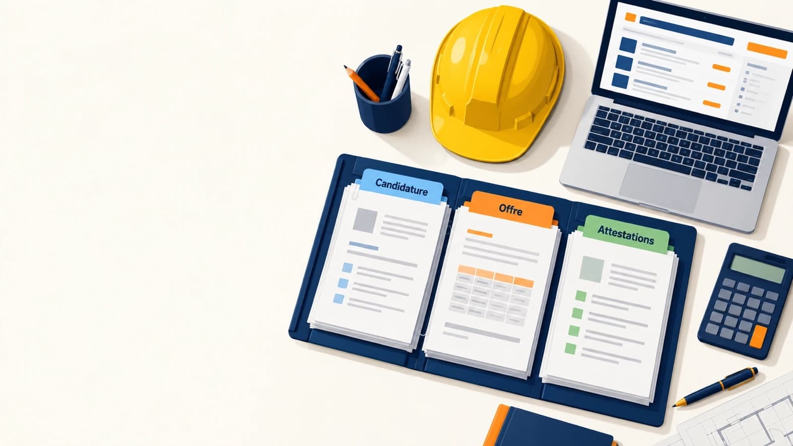 Bureau d'une entreprise du BTP vu du dessus : un classeur ouvert avec trois piles de documents « Candidature », « Offre » et « Attestations », un casque de chantier, un ordinateur portable et une calculatrice.