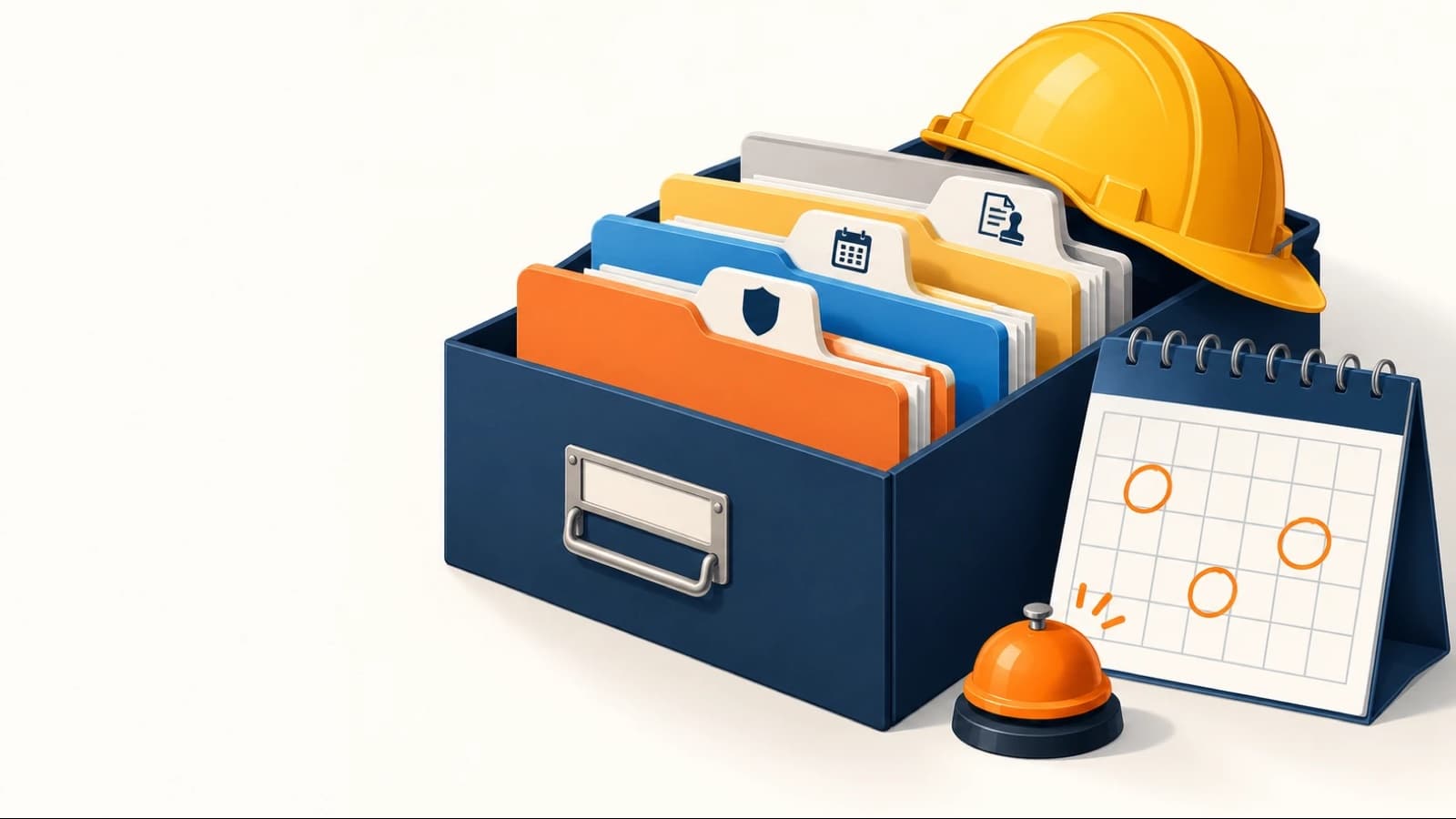 Une boîte d'archives ouverte avec des dossiers de couleur aux onglets illustrés (bouclier, calendrier, document tamponné), un calendrier aux dates entourées en orange, une sonnette et un casque de chantier.