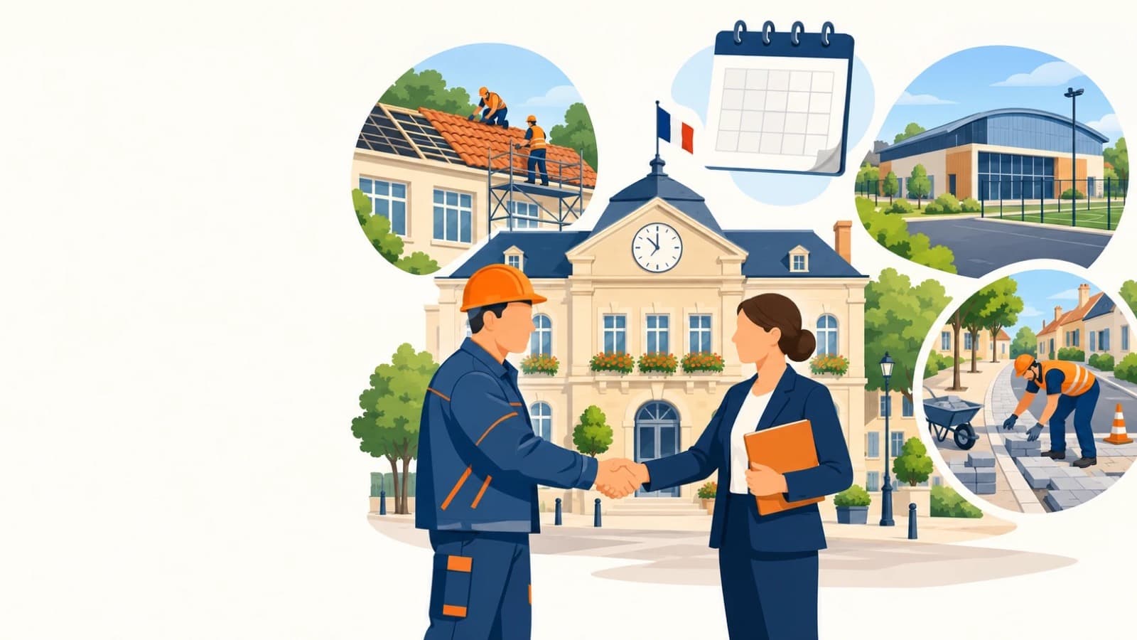 Un artisan en tenue de travail serre la main d'une employée municipale devant une mairie, entourés de vignettes de chantiers publics : toiture d'école, gymnase, trottoir en cours de pavage.