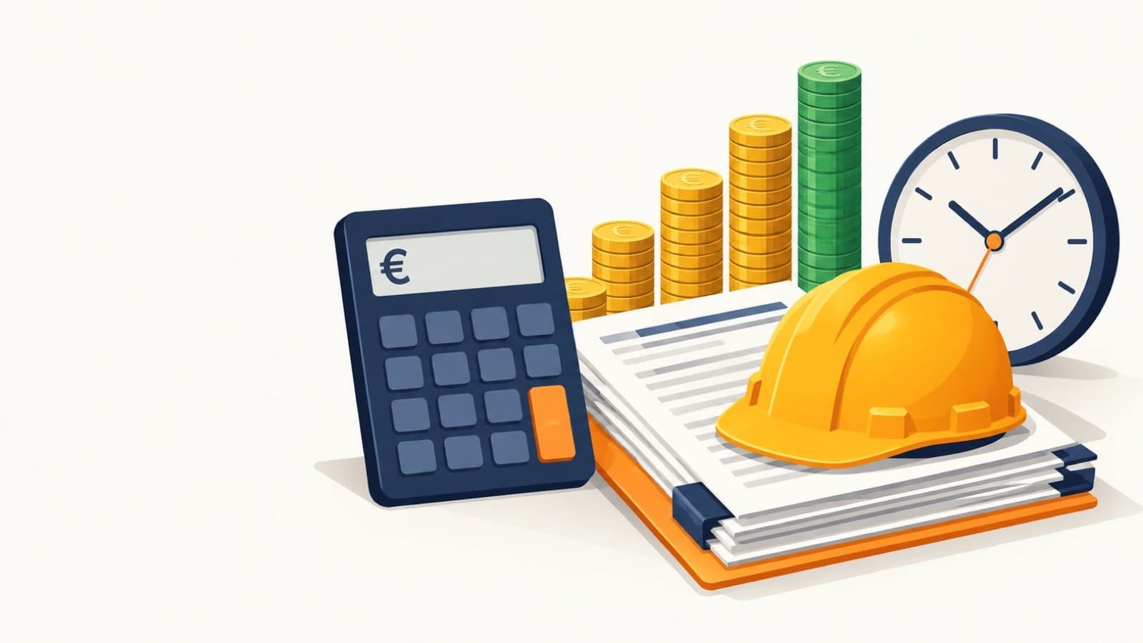 Une grande calculatrice affichant le symbole euro, posée contre un classeur de dossiers d'appels d'offres coiffé d'un casque de chantier jaune, devant des piles de pièces de plus en plus hautes et une horloge murale.