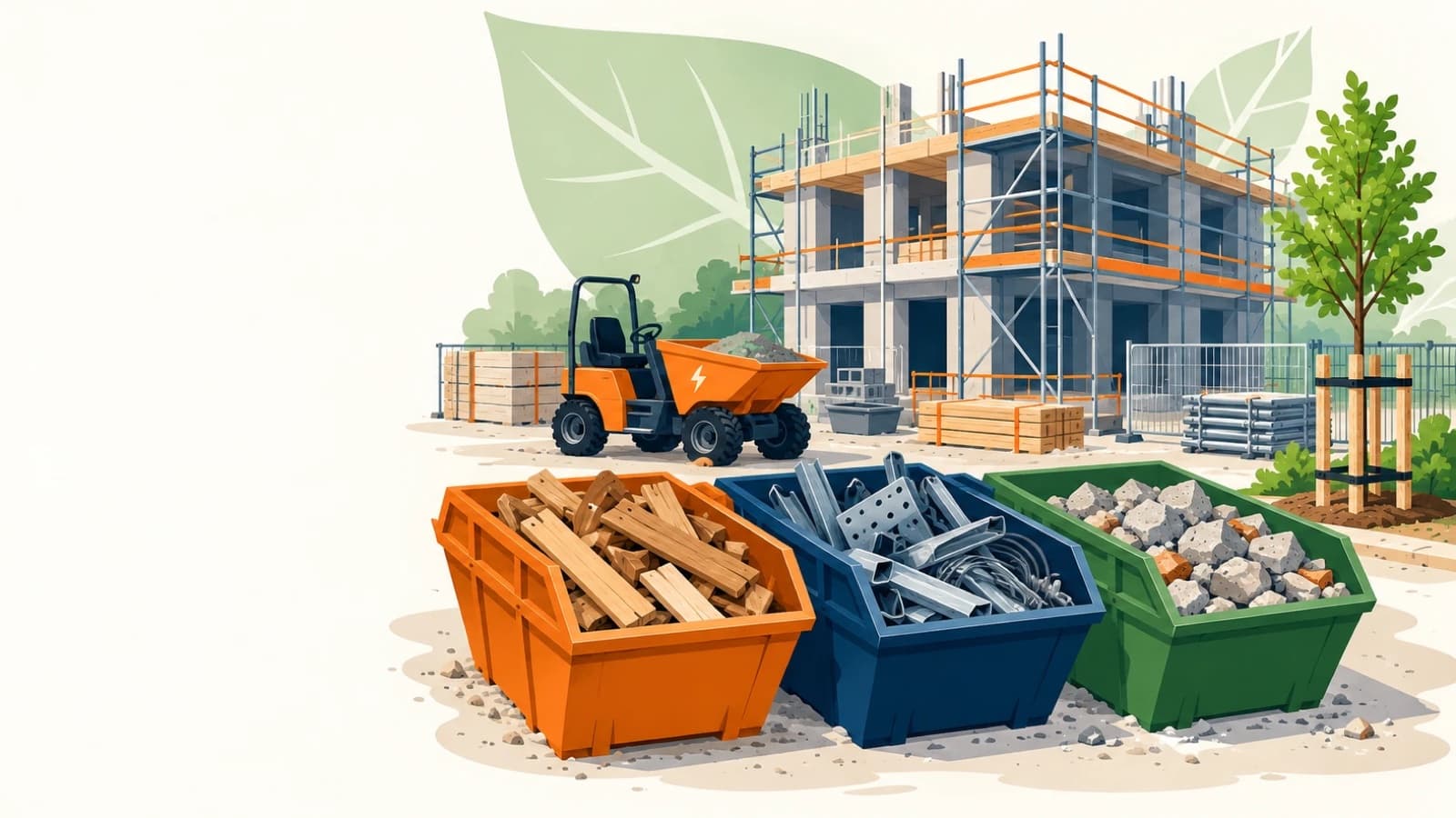 Un petit chantier avec un bâtiment en construction sous échafaudage, trois bennes de tri colorées pour le bois, le métal et les gravats, un dumper électrique et un jeune arbre protégé, devant une grande feuille verte.