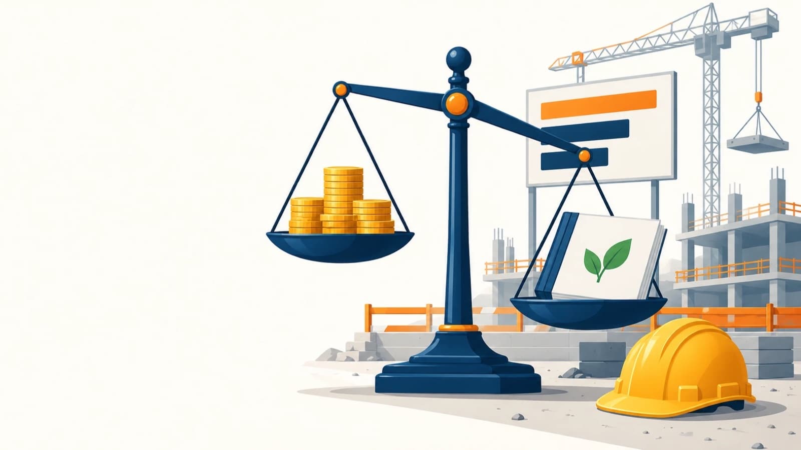 Une grande balance sur un chantier : d'un côté une pile de pièces de monnaie, de l'autre un mémoire technique orné d'une feuille verte, devant un tableau de scores à trois barres et une grue.