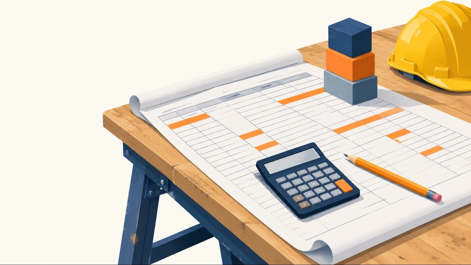 Un grand tableau de prix déroulé sur une table de chantier, quelques cellules surlignées en orange, une calculatrice, un crayon, trois blocs de couleur empilés et un casque jaune.