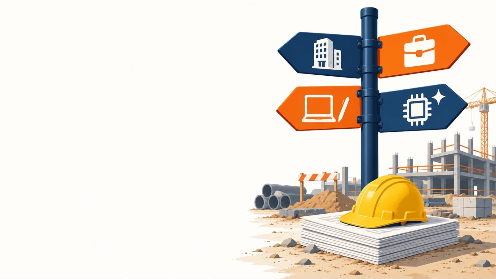 Un panneau indicateur sur un chantier avec quatre flèches portant chacune une icône : un immeuble de bureaux, une mallette, un ordinateur avec un stylo et une puce électronique, au-dessus d'un casque jaune posé sur une pile de dossiers.