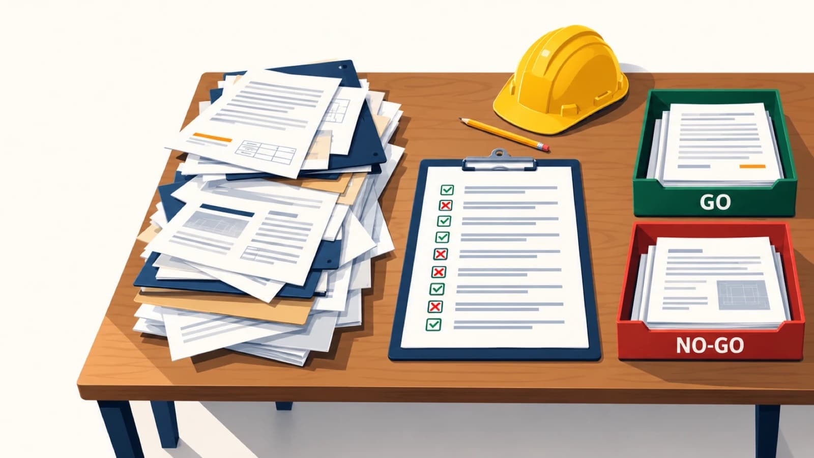 Bureau en bois vu du dessus : à gauche une pile désordonnée d'appels d'offres, au centre une checklist de dix lignes cochées ou barrées, à droite deux bacs « GO » en vert et « NO-GO » en rouge, avec un casque de chantier et un crayon.