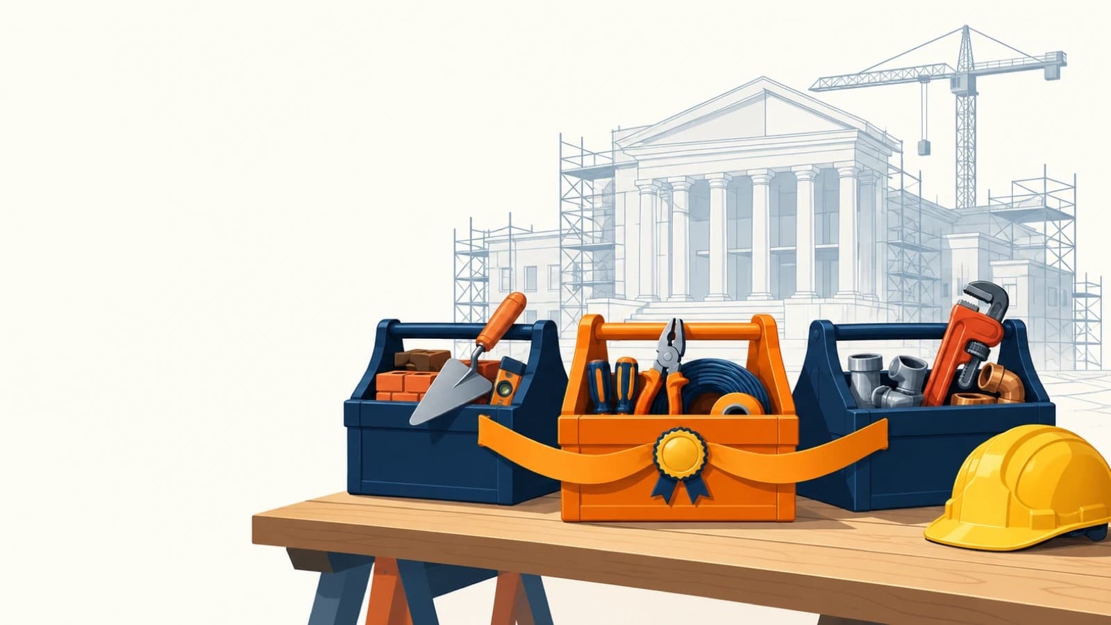 Trois caisses à outils de métiers différents (maçon, électricien, plombier) reliées par un ruban, celle du milieu portant un insigne, sur un établi devant le dessin d'un bâtiment public en chantier, avec un casque jaune.