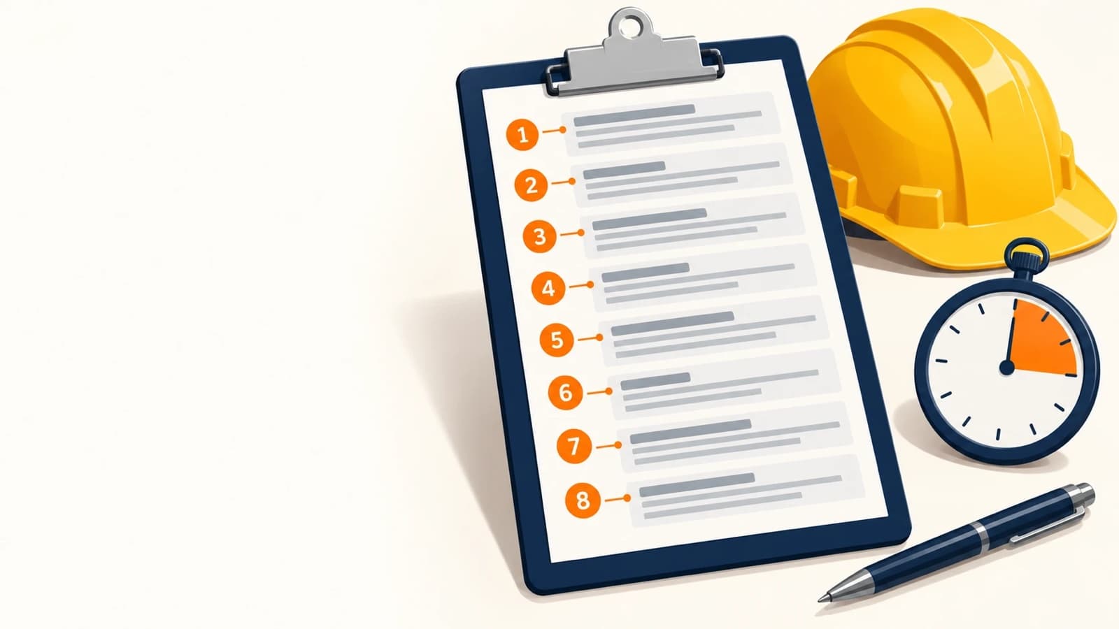 Une page de règlement de consultation sur un porte-documents, avec huit repères numérotés en orange le long de la marge, à côté d'un chronomètre rempli d'un quart, d'un casque de chantier jaune et d'un stylo.