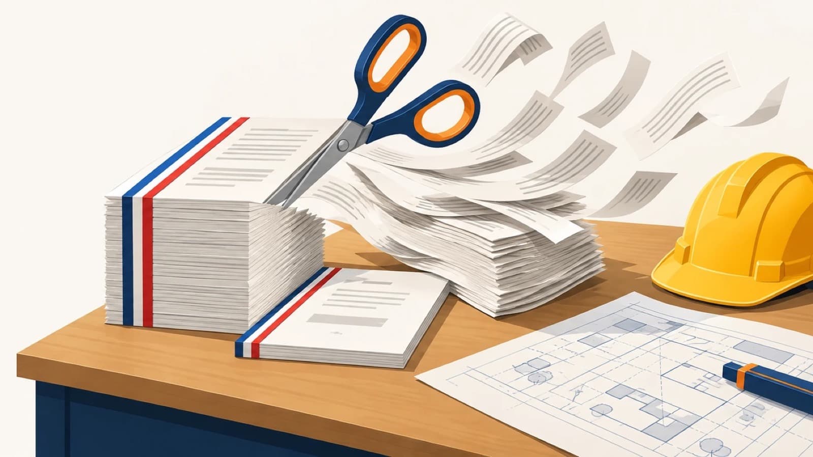 Une épaisse liasse de textes officiels barrée d'un ruban bleu-blanc-rouge, dont des pages découpées par de grands ciseaux s'envolent, à côté d'un livret plus mince, d'un casque jaune et d'un plan de chantier.