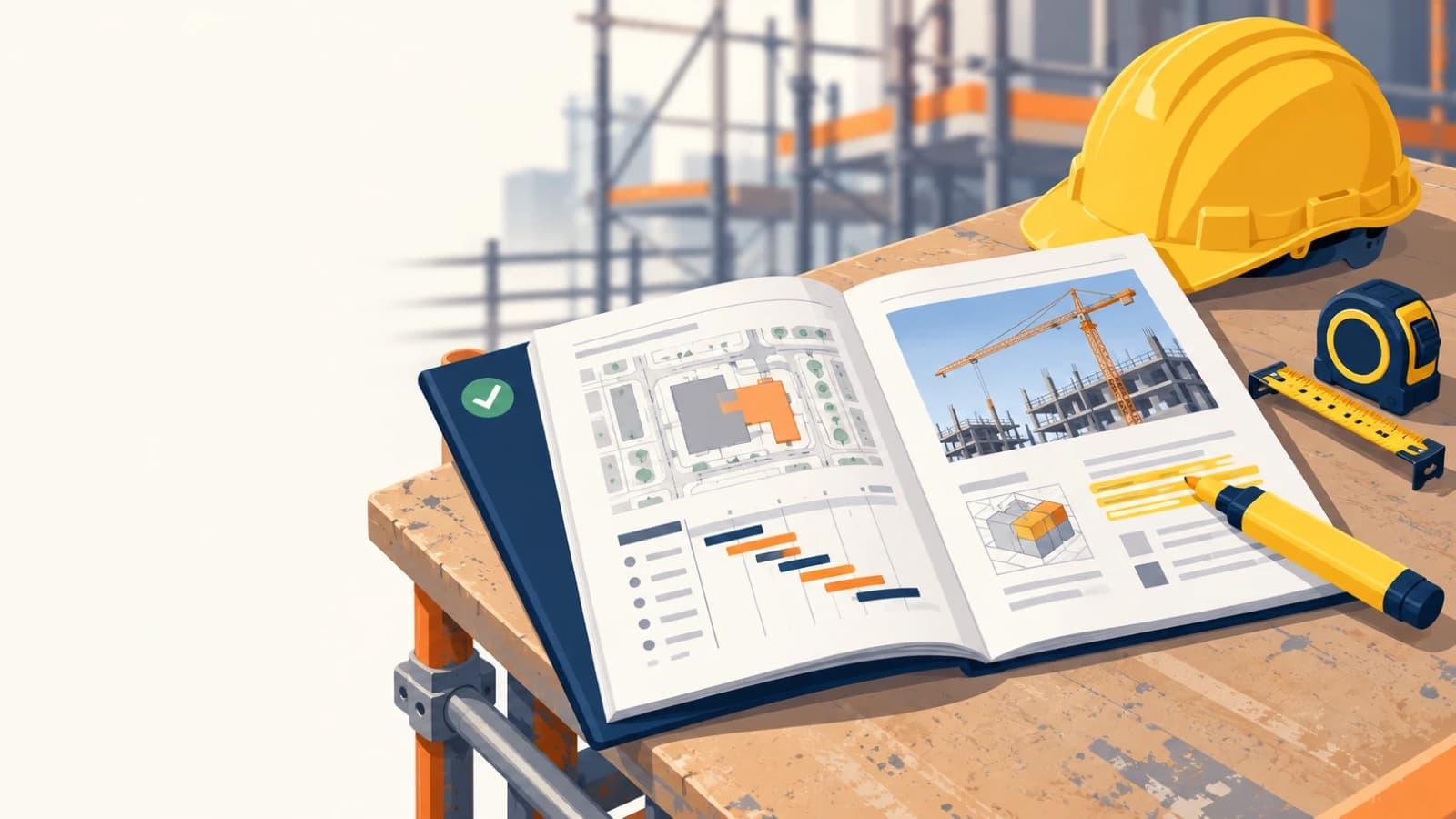 Un mémoire technique relié ouvert sur une table de chantier, avec un plan de masse, un planning en barres et la photo d'une grue, à côté d'un casque jaune, d'un mètre ruban et d'un surligneur, devant un échafaudage flou.