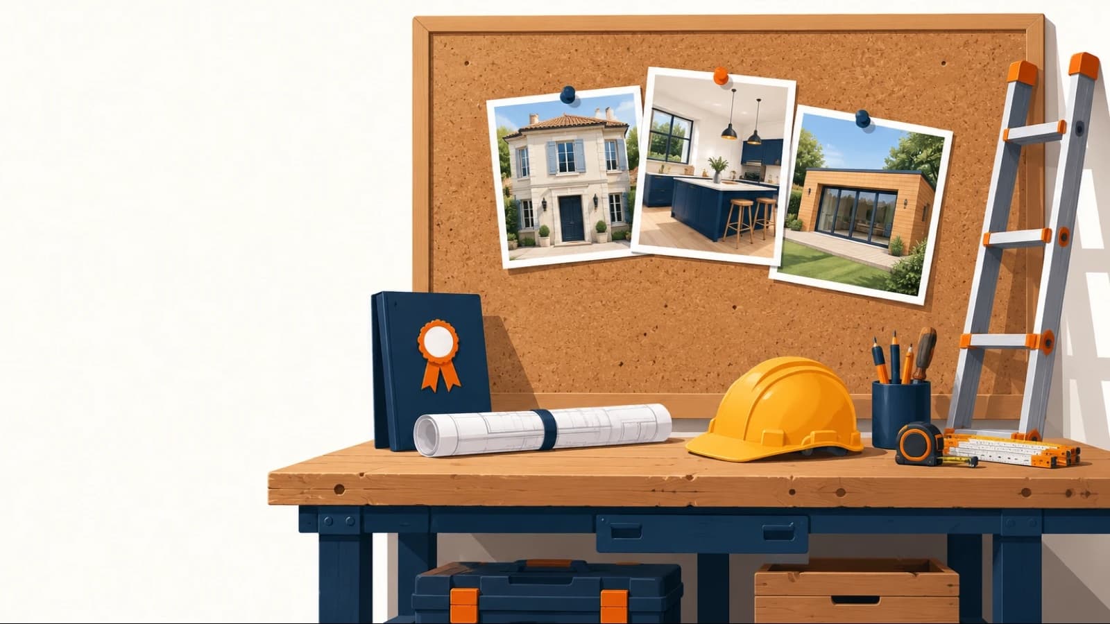L'établi d'un jeune artisan devant un tableau en liège où sont épinglées trois photos de chantiers terminés (façade rénovée, cuisine, extension), avec une échelle, un classeur orné d'un ruban et un casque jaune.