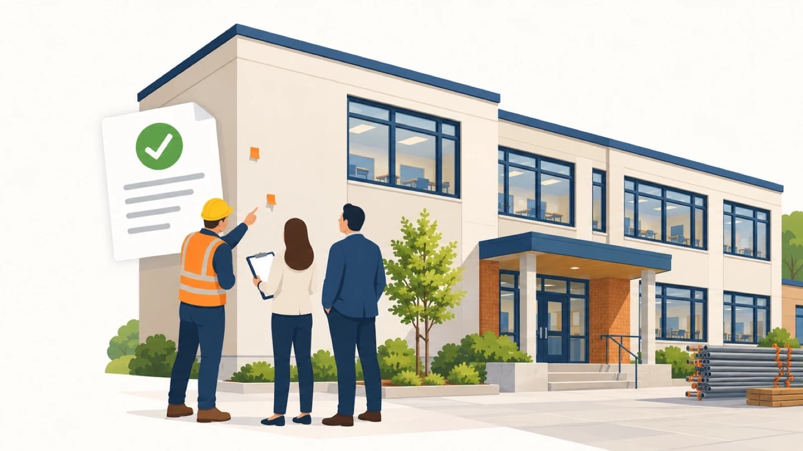 Devant une école rénovée, un chef de chantier casqué, une architecte avec un porte-bloc et un représentant de la commune regardent deux repères orange posés sur la façade, à côté d'un document marqué d'une coche verte.