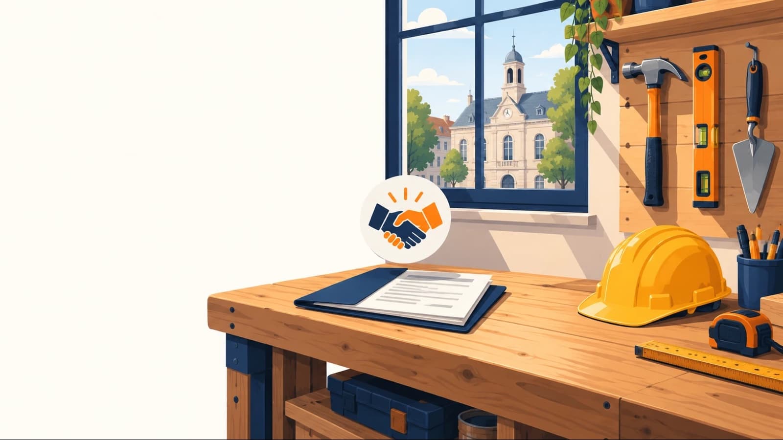 L'établi d'un artisan avec un dossier fin, une icône de poignée de main au-dessus, des outils accrochés au mur (marteau, niveau, truelle), un casque jaune et une mairie visible par la fenêtre.