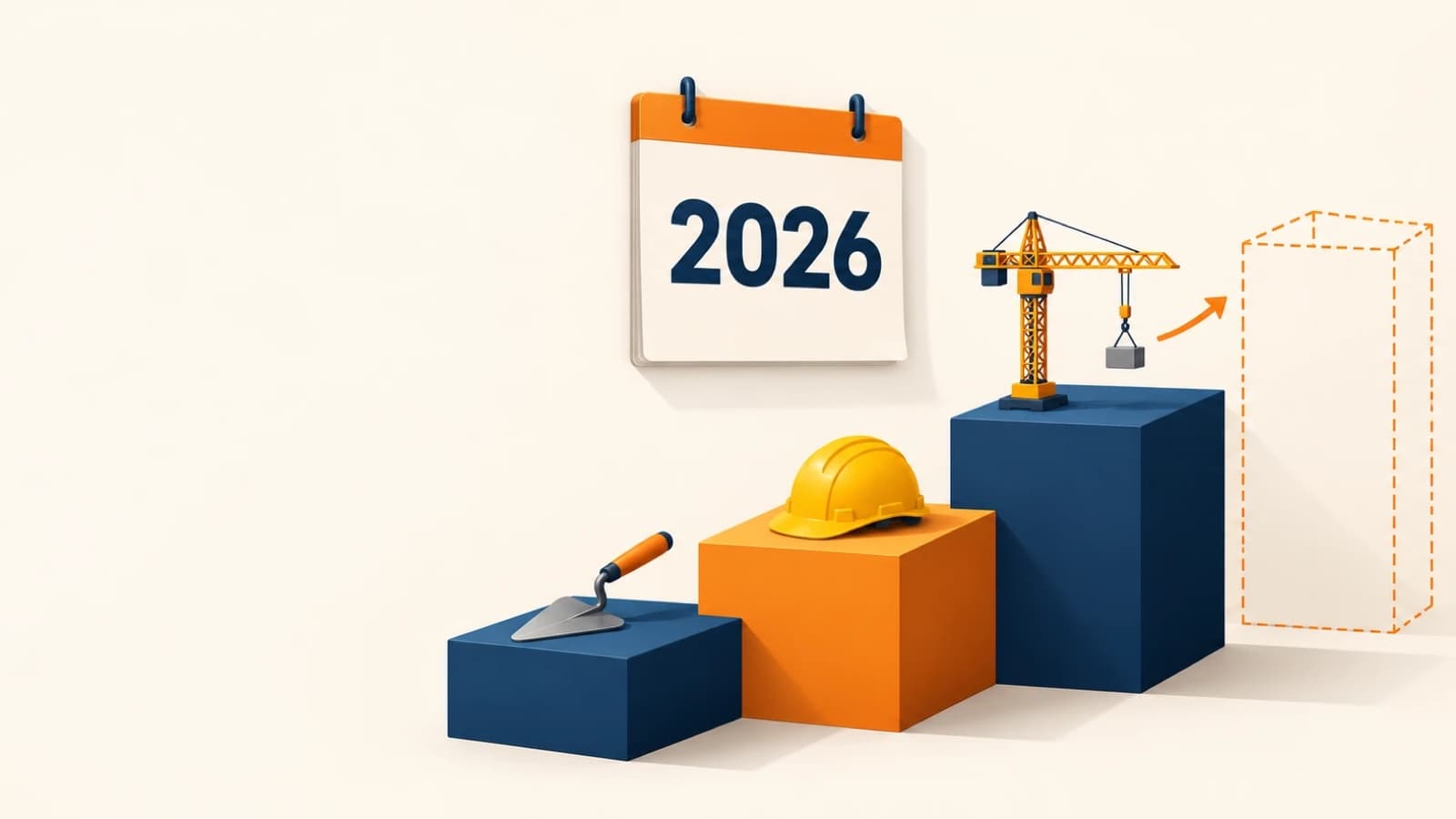 Trois blocs de plus en plus hauts en forme de marches, avec une truelle, un casque de chantier et une grue miniature, devant une page de calendrier 2026 ; une quatrième marche en pointillés annonce 2027.