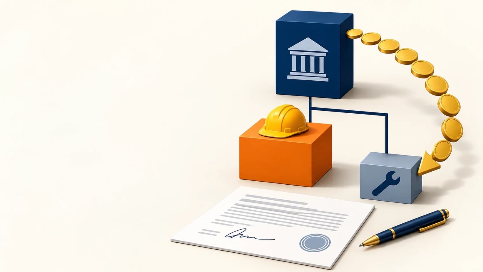 Trois blocs reliés par des traits : un grand bloc bleu avec un bâtiment public, un bloc orange coiffé d'un casque et un petit bloc gris avec une clé, une file de pièces allant directement du premier au troisième, et un formulaire signé au premier plan.
