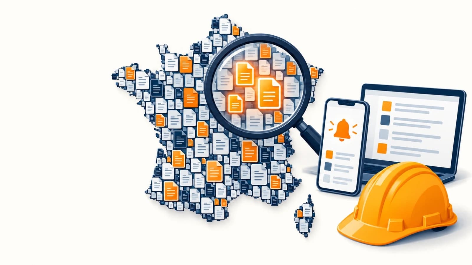 Une loupe au-dessus d'une carte de France composée de petits documents, dont certains s'allument en orange sous la lentille, à côté d'un smartphone affichant une cloche de notification, d'un ordinateur portable et d'un casque de chantier.